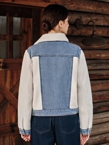 Anewsta Jaket Jeans Biru Patchwork Wol Domba Komposit Mode Baru untuk Wanita - Krem - View 7