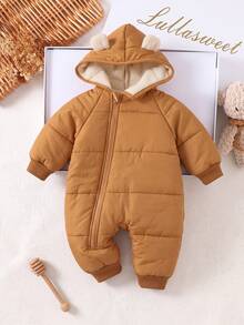SHEIN Newborn Thermal Lined Quilted Thick Hooded Jacket With 3D Ear Decor, Cute Front Zipper, Suitable For Winter - Khaki - View 6