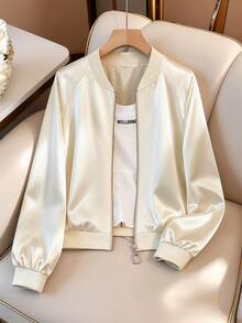 GlowEve CURVE Women's Apricot Satin Baseball Jacket, Solid Color Without Print, Ribbed Crew Neck, Long Sleeve Ribbed Cuffs, Ribbed Elastic Waistband, Light Luxury Casual Style, Minimalist Commuter Style, Suitable For Daily Commute, Casual Shopping, Short Trips, Can Be Worn As Inner Layer Or Outerwear - Apricot - View 5