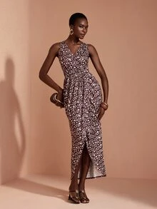 JIAN LASALA Knit Sleeveless V Neckline Overlapping Ruched Drape Long Dress Elegant Vacation - Multicolor - View 1