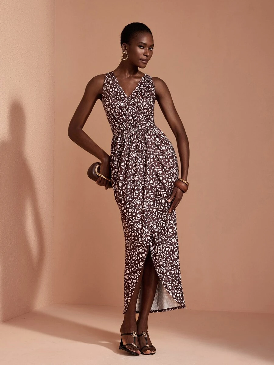 JIAN LASALA Knit Sleeveless V Neckline Overlapping Ruched Drape Long Dress Elegant Vacation - Multicolor - View 1
