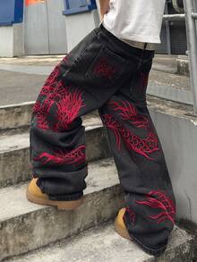 STEELVANCE Street Style Vintage Fashion Versatile Distressed Washed Embroidered Design Loose Straight Leg Wide Leg Casual Denim Jeans (Belt And Accessories Not Included) - Black - View 7