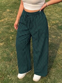 GalTyme Plus Size Casual Plaid Drawstring Waist Loose Pants - Dark Green - View 1