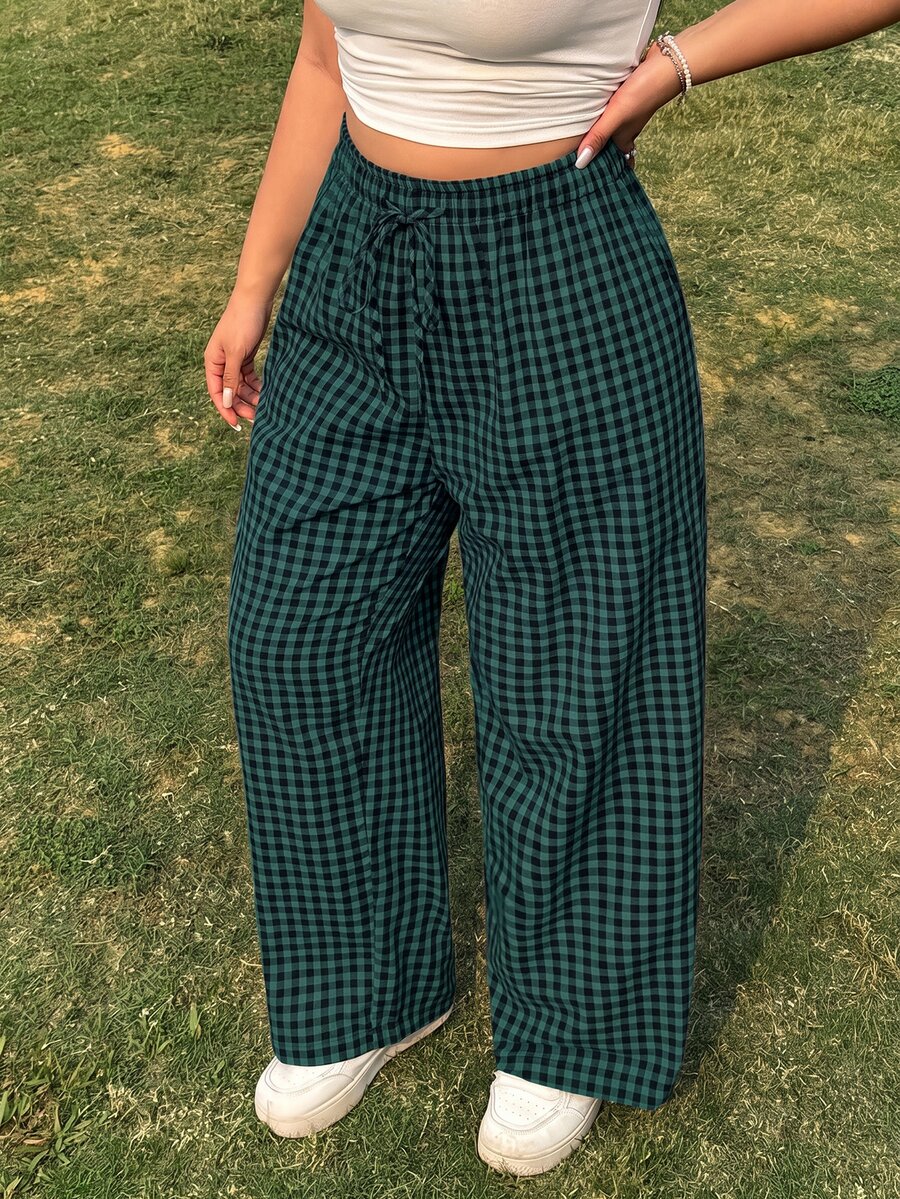 GalTyme Plus Size Casual Plaid Drawstring Waist Loose Pants - Dark Green - View 1