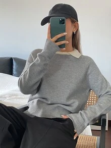 DAZY 女款拼接撞色寬鬆長袖領口休閒度假韓風日常秋冬針織毛衣 - 灰色 - 查看 5