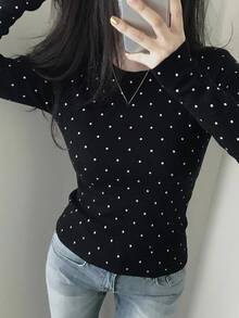 DAZY 女款波點休閒日常長袖針織衫 - 黑與白 - 查看 5