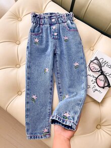 SHEIN Girls New All-Season Light Blue Washed Soft Denim Long Pants, Cute Colorful Embroidered Floral Buds, Pink Button Decor, Casual Versatile Fashion Street Style Vacation Jeans - Blue - View 1