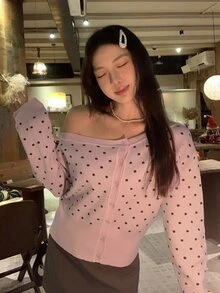 DAZY Women's Asymmetrical Shoulder Polka Dot Casual Cardigan - Pink - View 2
