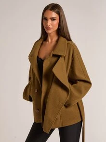 SHEIN BAE Mantel Panjang Bergaya Vintage dengan Kerah Besar dan Sabuk Elegan - Olive Green - View 6