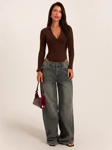 SHEIN BAE New Women's Lapel V-Neck Button Long Sleeve Minimalist Premium Vibe Sweater Jumpsuit - Coffee Brown - View 3
