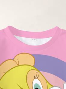 LOONEY TUNES X SHEIN Young Girl Cartoon Print Round Neck Long Sleeve Casual Sweatshirt - White - View 3