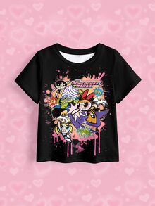 THE POWERPUFF GIRLS X SHEIN Young Girl Letter Cartoon Print Casual Daily Short Sleeve T-Shirt - White - View 7