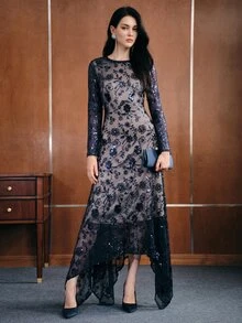 Anewsta Affair Women's Elegant Sequin Fashion Long Sleeve Evening Dress - Royal Blue - View 4