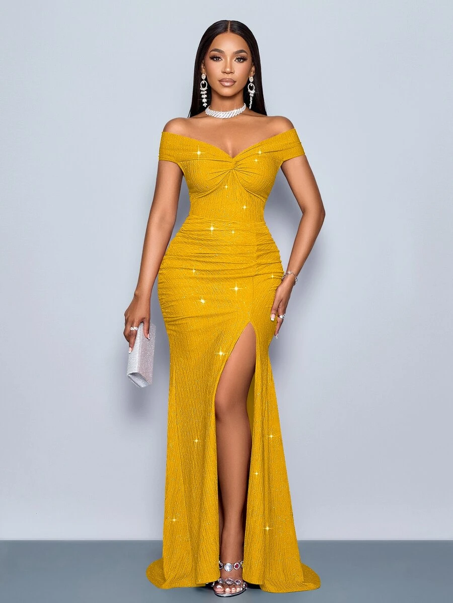 SOLERSUN Women's Solid Color Off-Shoulder Twisted Design Glitter Side Slit Hem Elegant Long Dress