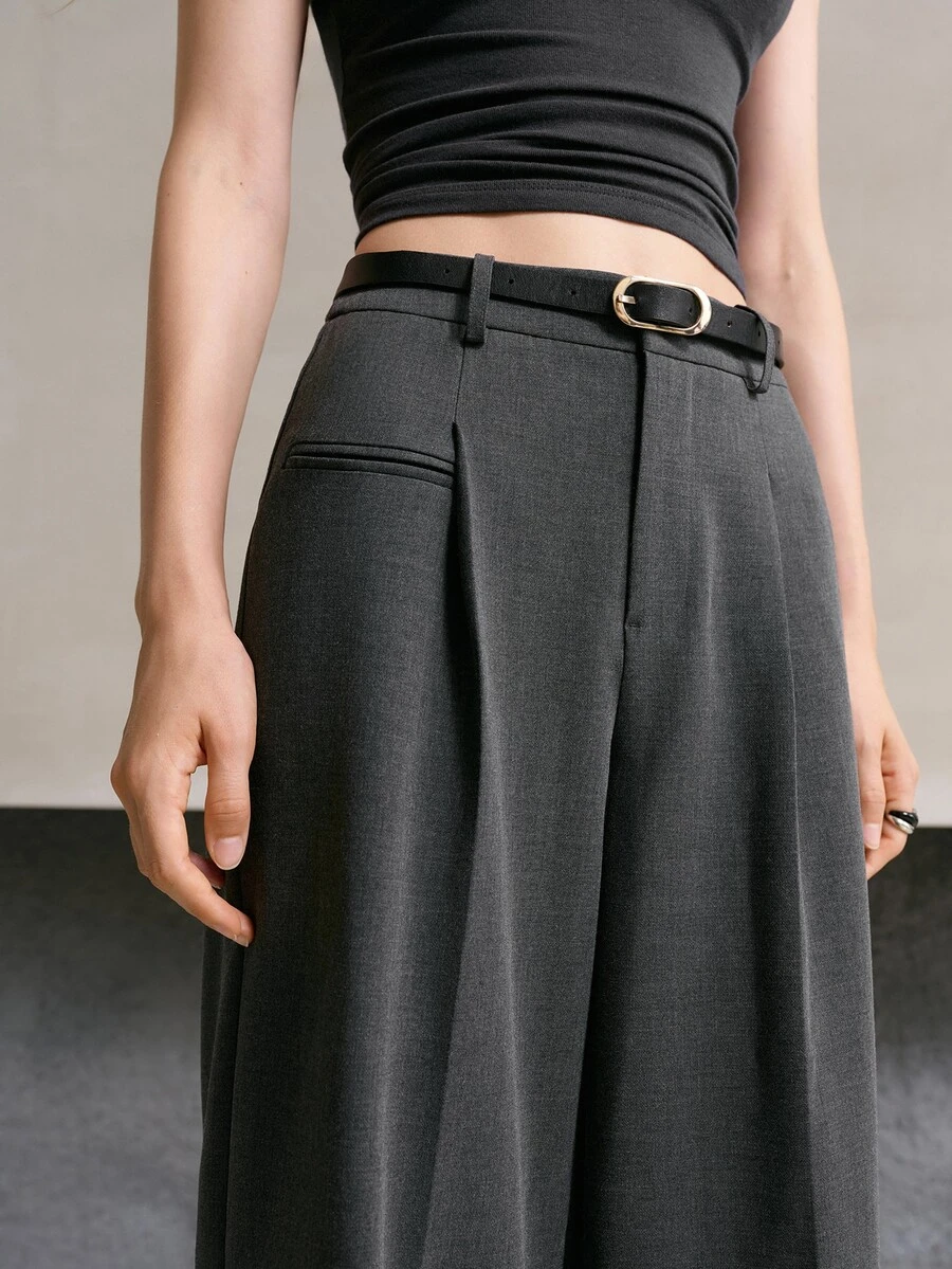 MOTF PREMIUM WOMEN'S PLEATED POCKET ELEGANT WIDE LEG SUIT PANTS FOR COMMUTING - Dark Grey - View 2