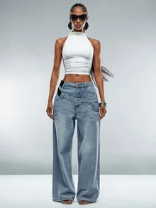 Denimoi Women's Double Waistband Casual Daily Wear Jeans - Medium Wash - View 2