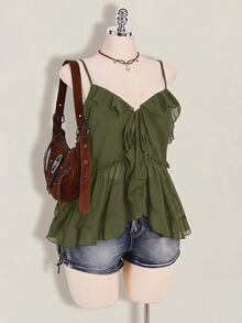 SHEIN ICON Women's Plus Size Ruffle Solid Color Fashion Versatile Camisole Top - Army Green - View 10