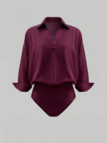 Olithes Plus Size Women's Solid Color Drop Shoulder Long Sleeve Shirt Bodysuit - Purple - View 1