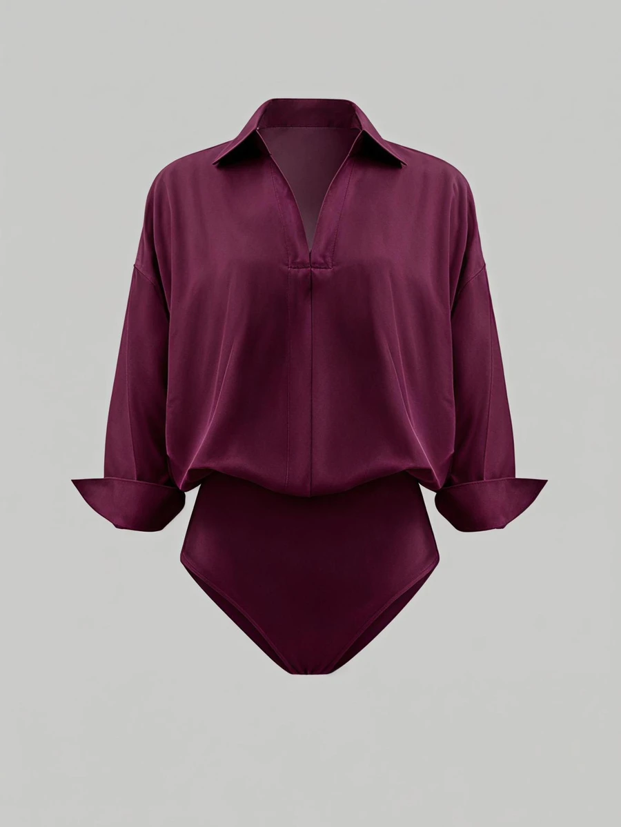 Olithes Plus Size Women's Solid Color Drop Shoulder Long Sleeve Shirt Bodysuit - Purple - View 1