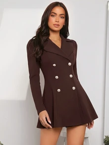 Firerie Lapel Collar Double Breasted Blazer Dress In Fall/Winter - Brown - View 4
