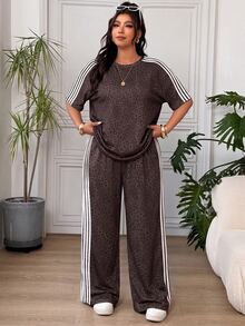 SHEIN EZwear 女款大尺碼街頭風豹紋長袖T恤與條紋拼色寬鬆長褲套裝 - 巧克力棕 - 查看 6