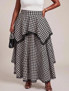 Slaydiva Rok Panjang Asimetris Berlapis Ganda Motif Houndstooth Hitam Putih untuk Kencan Harian, Ukuran Plus - Hitam dan Putih - View 9