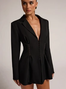 SHEIN BAE Women's Minimalist Design Waist-Cinched Black Long Sleeve Blazer, Suitable For Commuting And Social Events - Black - View 6