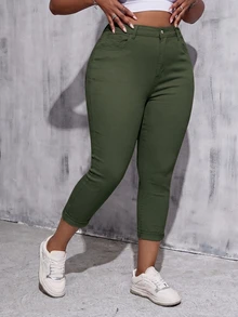 SHEIN Tall CURVE بنطلون جينز كاجوال متعدد الاستخدامات بلون موحد بقصة ضيقة للمقاسات الكبيرة - أخضر عسكري - مشاهدة 3