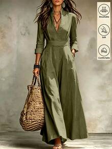 SHEIN 女款素色休閒日常夏季洋裝 - 軍綠色 - 查看 2