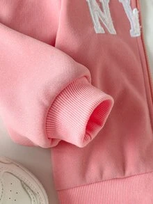 SHEIN 女嬰秋冬針織仿皮草可愛3D耳朵字母刺繡長袖連帽衛衣與針織仿皮草長褲2件套，適合外出、派對及其他場合 - 粉色 - 查看 5