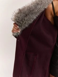 SHEIN BAE Premium Detachable Fur Collar Loose Fit Versatile Cinched Waist Casual Overcoat Jacket - Red Violet - View 8