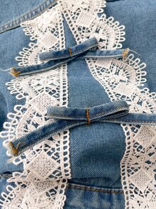 SHEIN Girls' Denim Jacket, Fashionable Versatile Vintage Washed Denim Coat With Lace Trim Patchwork Pattern And Bow Decor, Casual Lapel Collar, Long Sleeve Washed Denim Jacket - Blue - View 4