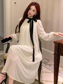DAZY 春夏秋女款寬鬆A字中長洋裝，彼得潘領，泡泡短袖，黑色蝴蝶結，白色雪紡 - 米色 - 查看 6