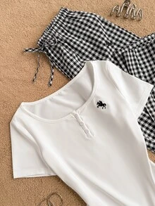 Tseoso Women's Knight Embroidery Short Sleeve T-Shirt And Plaid Long Pants Casual Preppy 2 Pieces Set Everyday School White Black And White Summer - Black and White - View 6