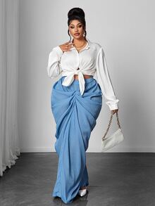Maweii Plus Size Women's Solid Color Pleated Casual Versatile Everyday Skirt Fall - Baby Blue - View 3