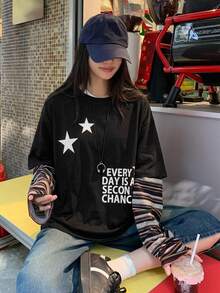 DAZY Women's Round Neck Contrast Color Striped Korean Style Printed Long Sleeve T-Shirt Graphic Tees - Black - View 6