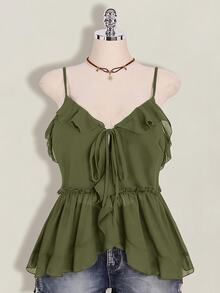 SHEIN ICON Women's Plus Size Ruffle Solid Color Fashion Versatile Camisole Top - Army Green - View 5