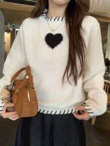DAZY White Round Neck Black Heart Pattern Embroidered Loose Long Sleeve Casual Sweet Versatile Knit Sweater - White - View 8