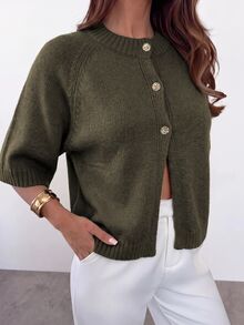 Firerie Women's Vintage Button Ribbed Patchwork Knit Cardigan - Army Green - View 5