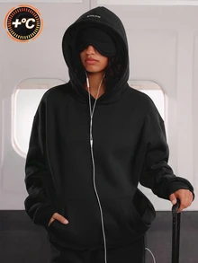 SHEIN 青少年女孩休閒緊身寬鬆口袋長袖抓絨內裡運動衫 時尚婚禮賓客派對 黑白配色 秋冬款 - 黑色 - 查看 4