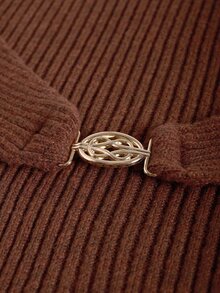GlowEve CURVE Plus Size Vintage Brown Ribbed Crew Neck Metal Button Twist Knot Pullover Sweater - Brown - View 6