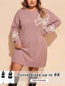 SHEIN CURVE+ Plus Size Women's Floral Print Casual Everyday Knit Dress - Pink - View 4