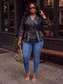 Slaydiva Plus Size Women's Solid Color PU Leather Long Sleeve Blazer Winter - Black - View 7