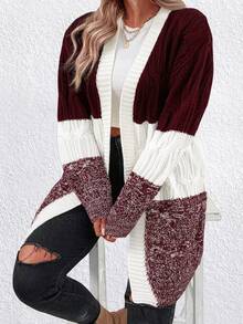SHEIN LUNE Plus Size Women's Colorblock Casual Versatile Daily Wear Cardigan - Burgundy - View 3