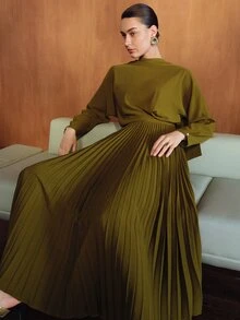 MOTF PREMIUM WOMEN'S SOLID COLOR STAND COLLAR LONG SLEEVE PLEATED HEM ELEGANT DRESS - Army Green - View 7