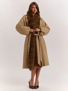 SHEIN BAE Women's Vintage Long Sleeve Faux Fur Patchwork Padded Coat - Beige - View 5
