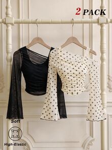 SHEIN MOD 女款 2 件組 素色與波點不對稱肩 T-shirt - 黑色 - 查看 3