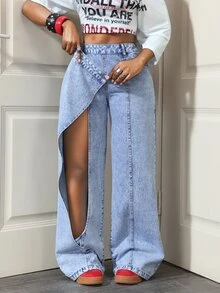 Slaydiva Women's Pocket Button Versatile Daily Casual Denim Jeans - Blue - View 7