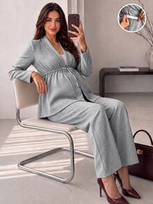 SHEIN 孕婦抽繩長袖外套與可調腰圍長褲 2 件套裝 - 灰色 - 查看 3