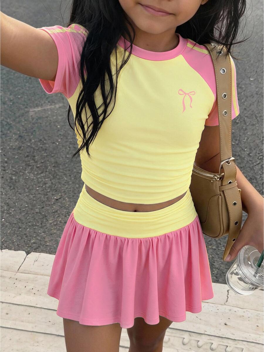 Tween Girl 時尚可愛休閒灰色豹紋裙組:短袖短版上衣與百褶迷你裙,適合夏季與秋季 - 彩色 - 查看 1